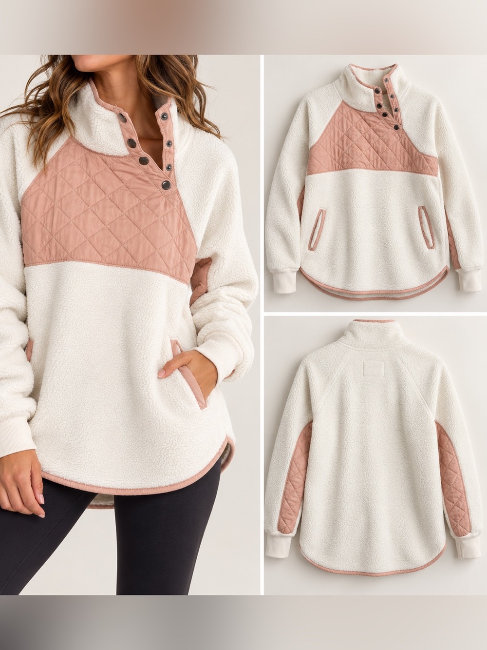 Abercrombie & Fitch Sherpa Fleece Pullover M Cream Mauve Quilted Snap Neck
